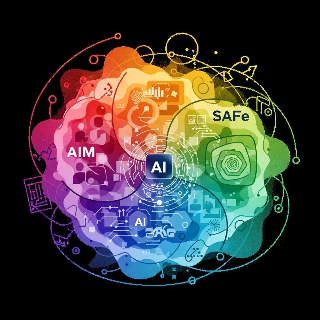 Colorful abstract graphic illustrating the integration of AIM and AI technologies for change management strategies.