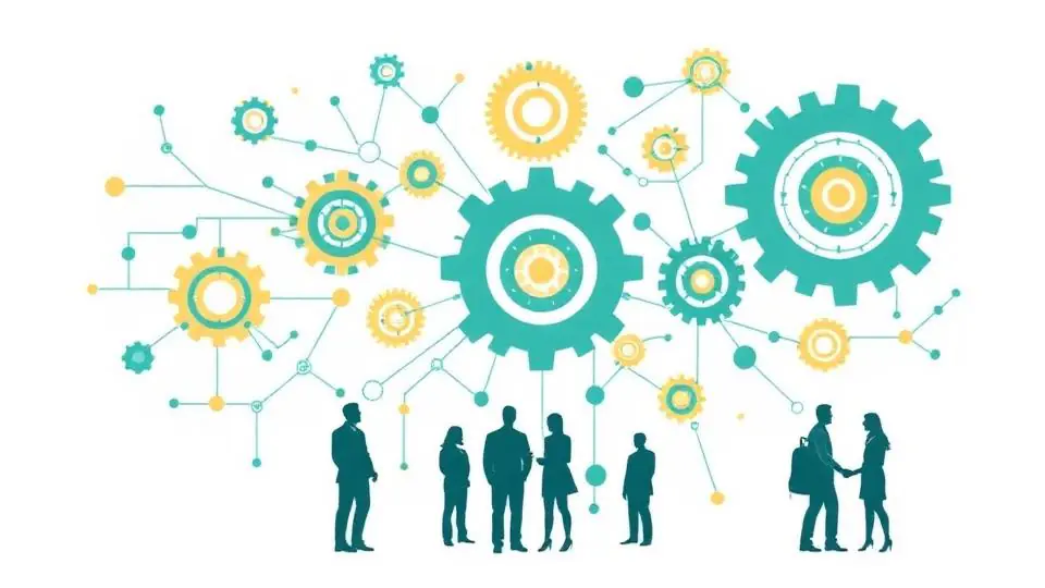 Silhouettes of professionals discussing amidst interconnected gears and nodes, symbolizing AI transformation and change management.