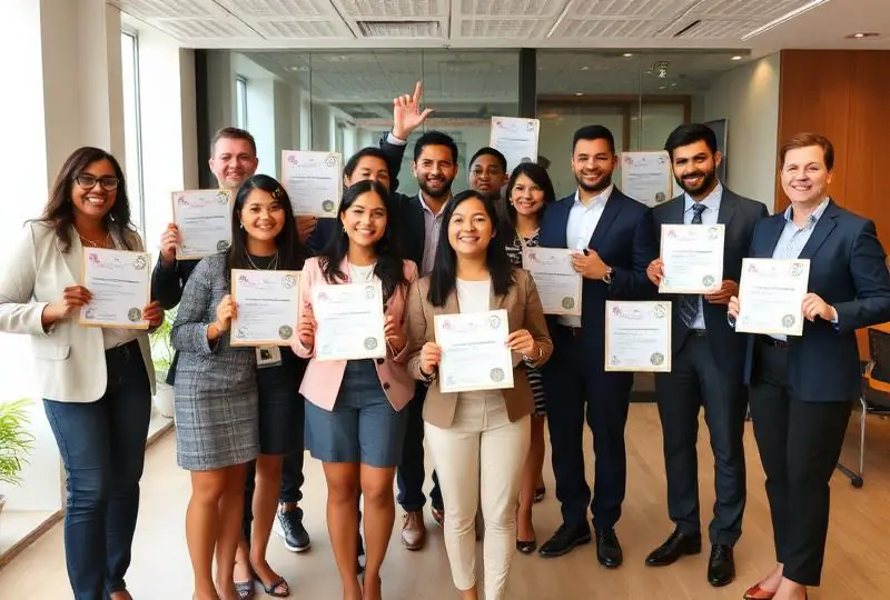 Group of diverse professionals celebrating their AIM Practitioner Certification with certificates in a modern office setting.