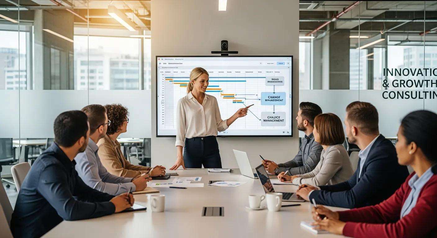Woman presenting change management strategies to a group of project managers in a modern conference room.
