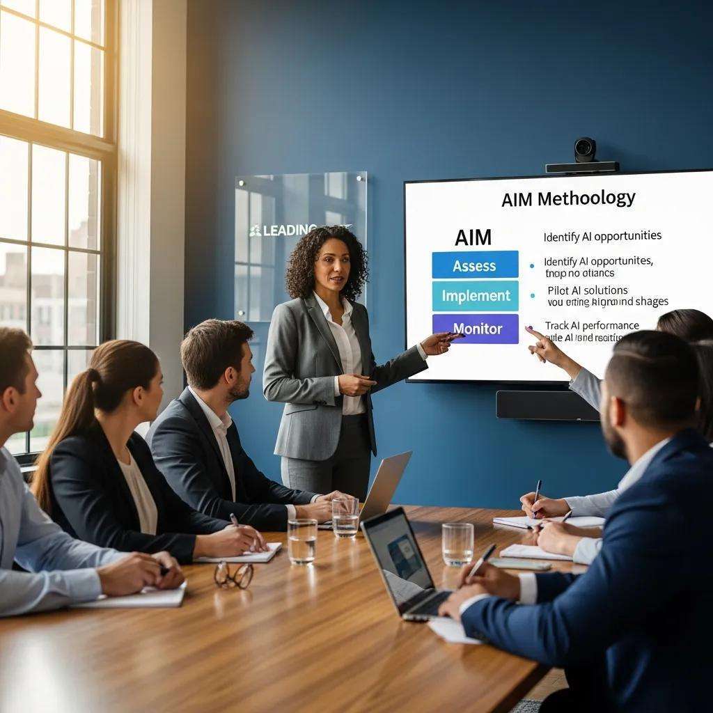 Business leader presenting AIM methodology for AI adoption in a conference room with engaged team members.
