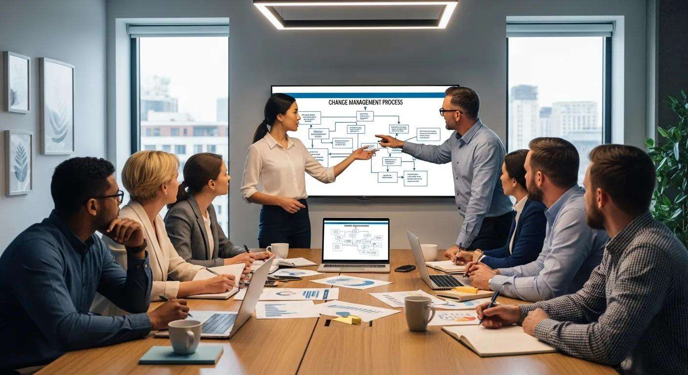 Team discussing change management processes during a meeting, with a presentation displayed on a screen.