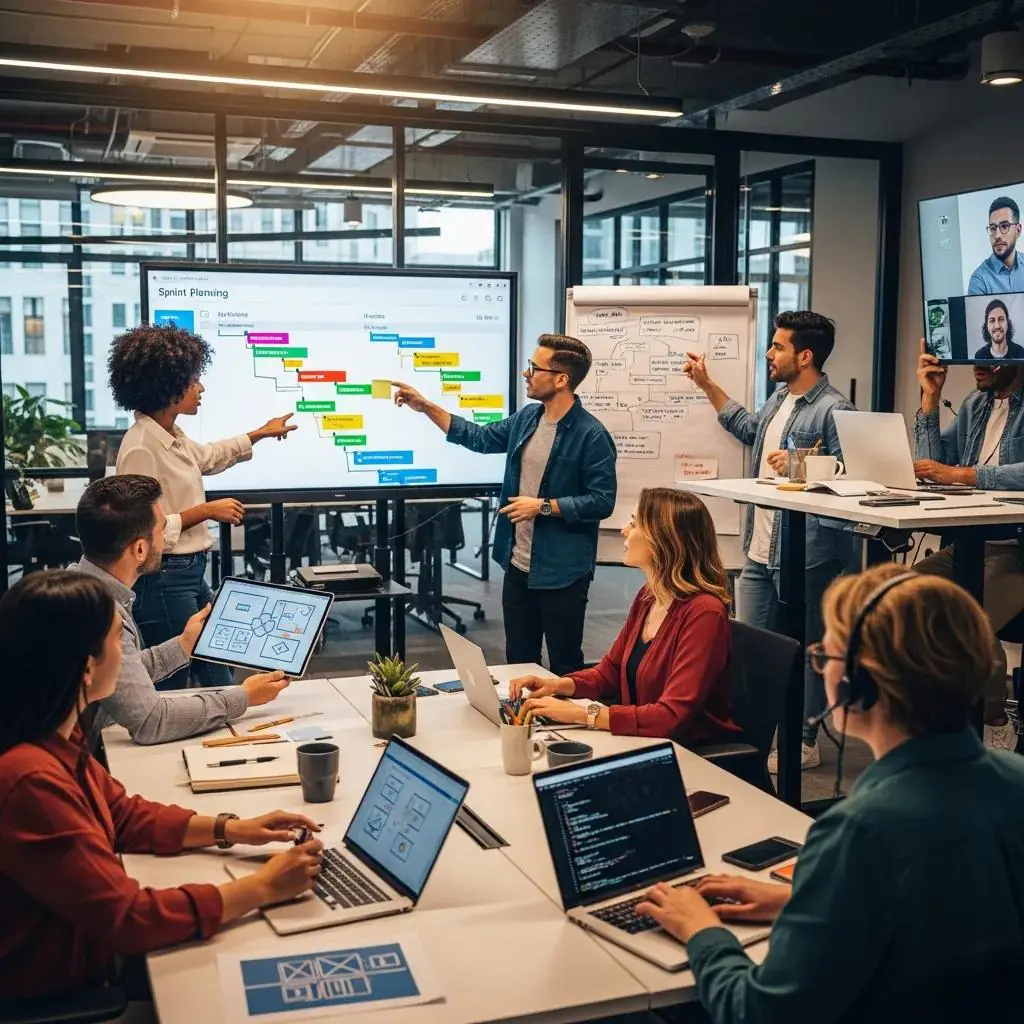 Diverse team collaborating in a modern office during a sprint planning session, utilizing Agile methodologies.