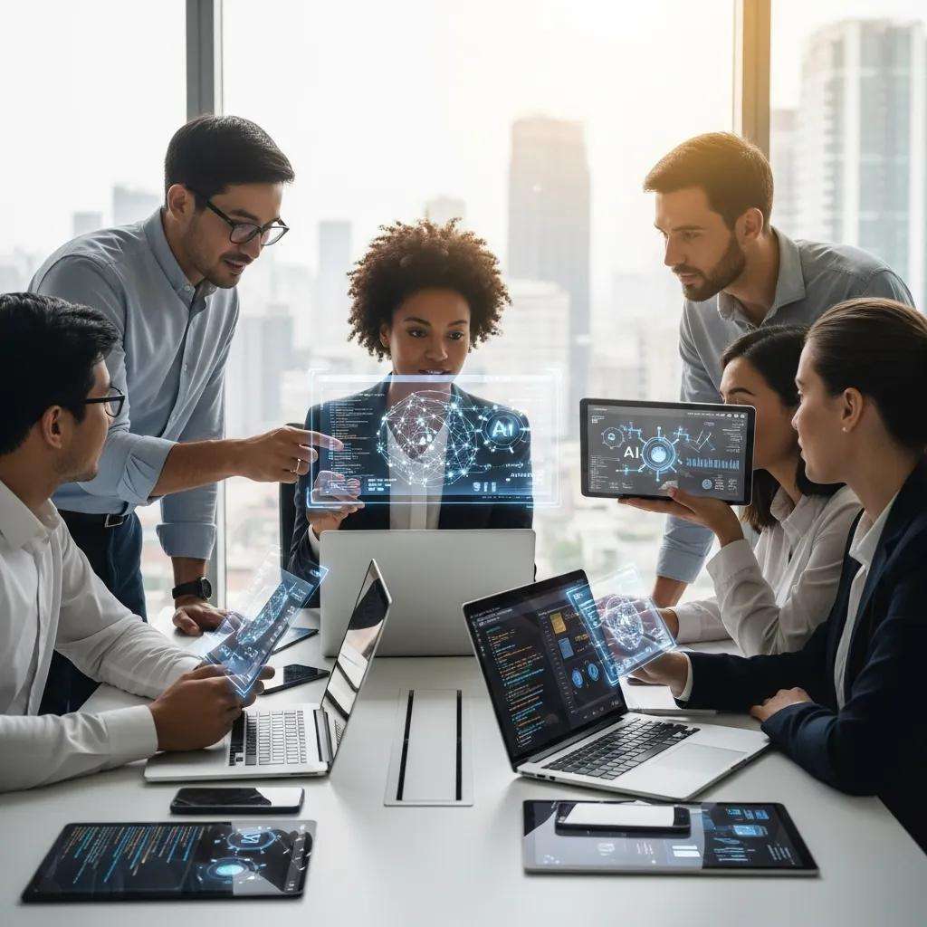 Diverse professionals collaborating on AI adoption in a modern office, analyzing data on digital devices.