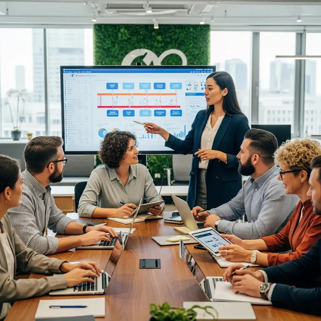 Team collaborating in a modern office, discussing change management strategies with a presentation on a screen.