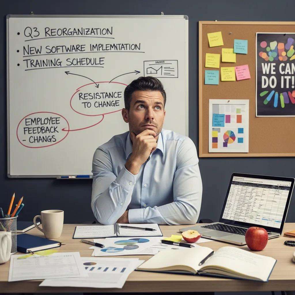 Employee contemplating change resistance in a work environment, surrounded by charts, notes, and a laptop.