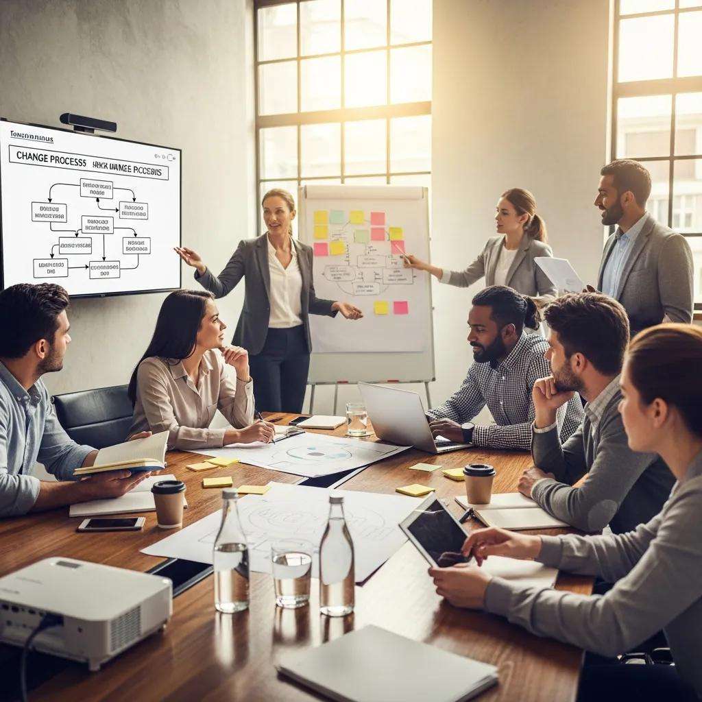 Team engaged in a change management training session, discussing strategies with visual aids and collaboration tools.
