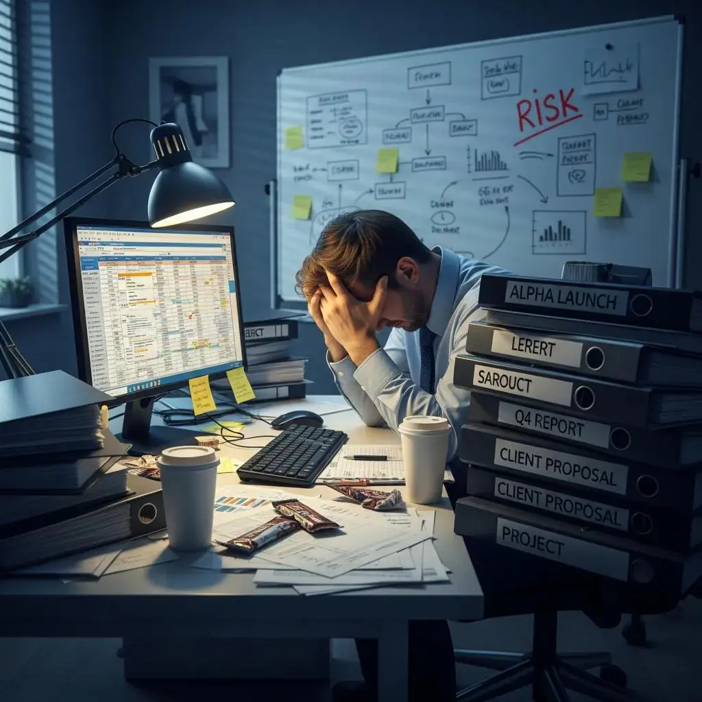Frustrated employee in a cluttered office facing challenges from premature project completion and risk management.