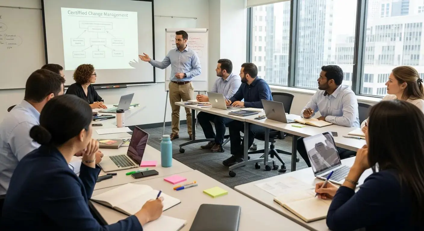 Group of professionals engaged in a training session on Certified Change Management, with a presenter at the front.