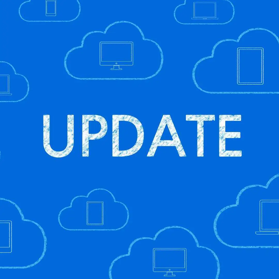 Blue background with the word "UPDATE" in large, textured letters, surrounded by cloud icons and devices, symbolizing change management.