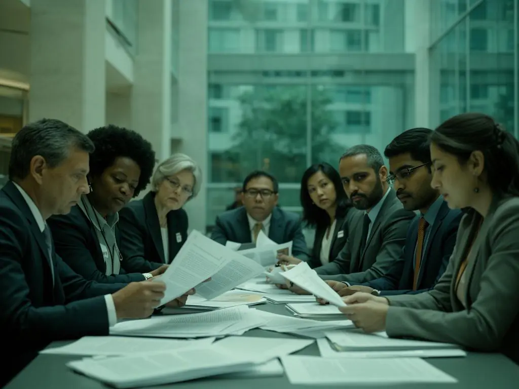 Group of professionals in a meeting reviewing documents on change management strategies in a modern office setting.