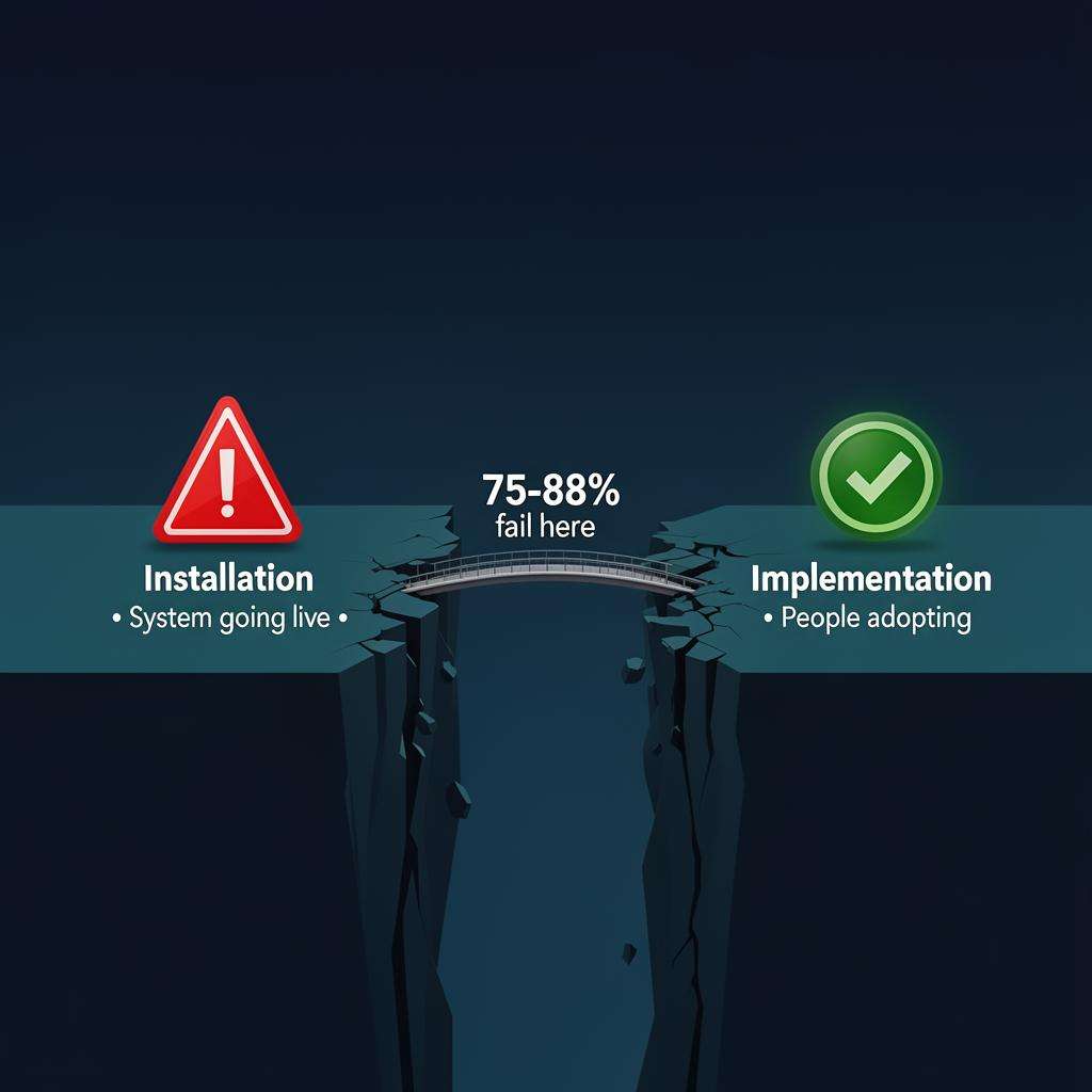 Visual representation contrasting installation and implementation in change management, highlighting system adoption challenges.