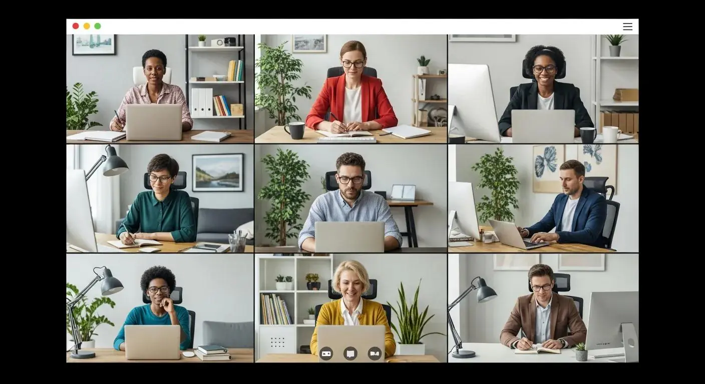Grid of nine individuals engaged in online training sessions, focusing on CCMP certification preparation.