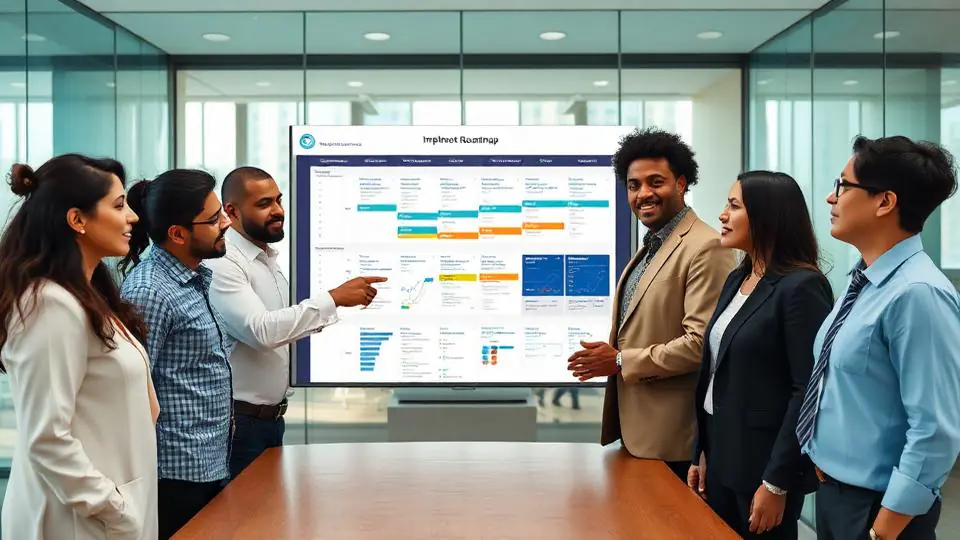 Team discussing implementation roadmap in modern office setting, analyzing performance metrics and strategies.