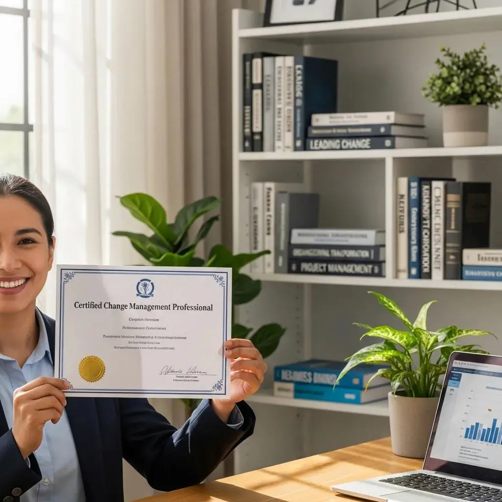 Certified Change Management Professional holding a certificate in an office, representing career advancement and change management expertise.