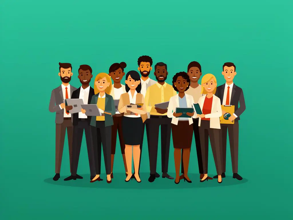 Diverse team of professionals holding tablets and documents, representing active leadership in organizational transformation.