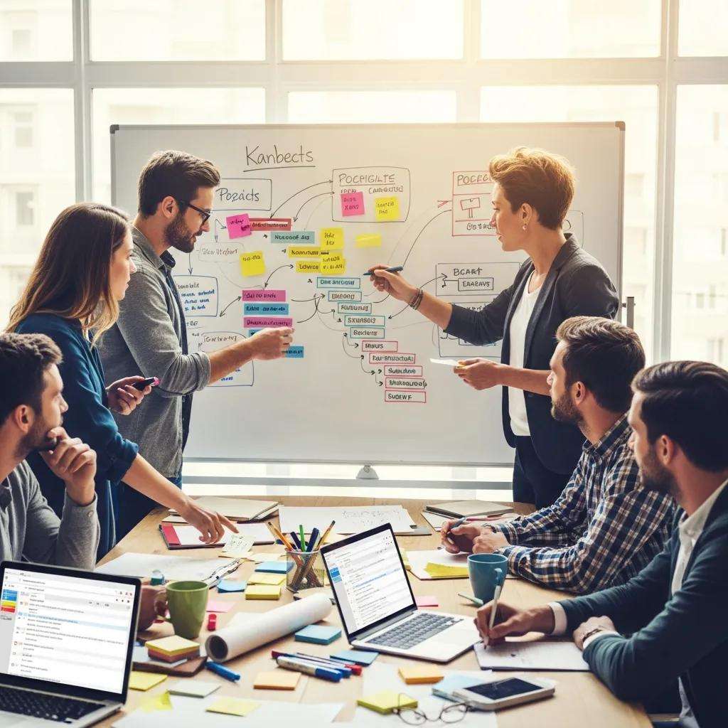Team collaborating in a brainstorming session using Agile project management tools on a whiteboard.