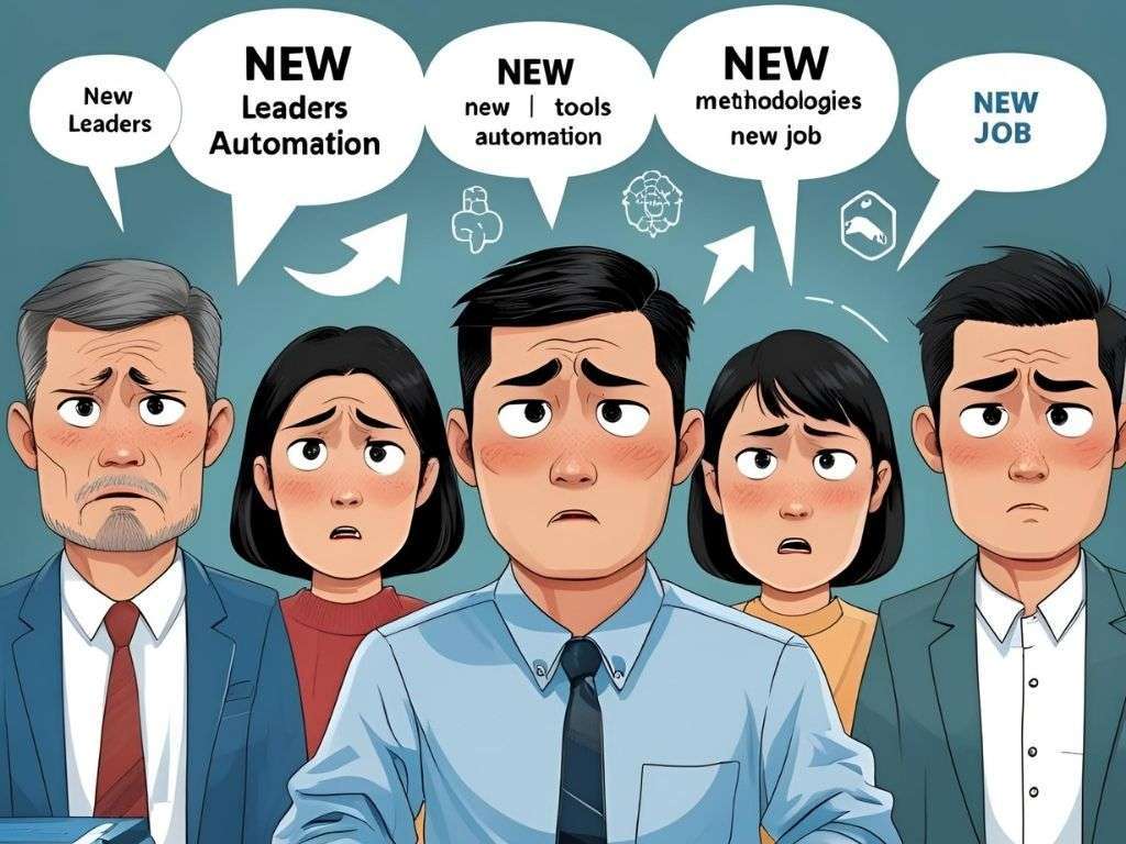 Group of concerned professionals expressing reactions to multiple organizational changes and new job roles.