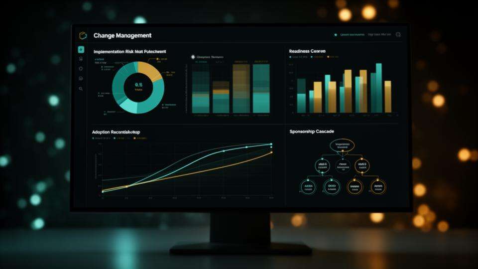 Dashboard displaying change management metrics, including implementation risk and adoption trends, on a computer screen.