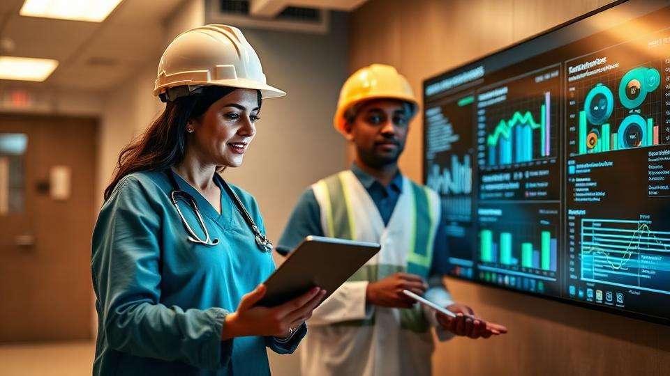 Healthcare professional and engineer reviewing implementation metrics on digital dashboard in collaborative setting.
