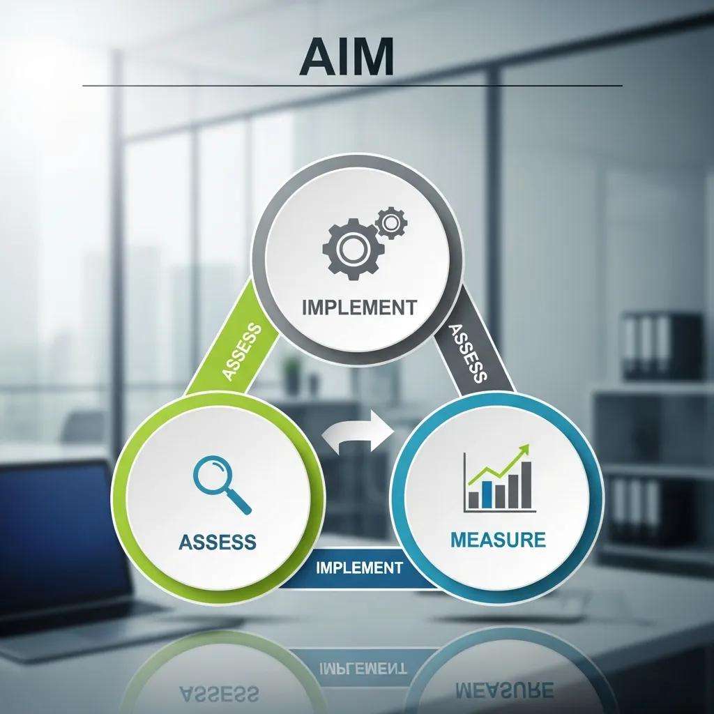Visual representation of AIM methodology framework illustrating assess, implement, and measure processes for effective change management.