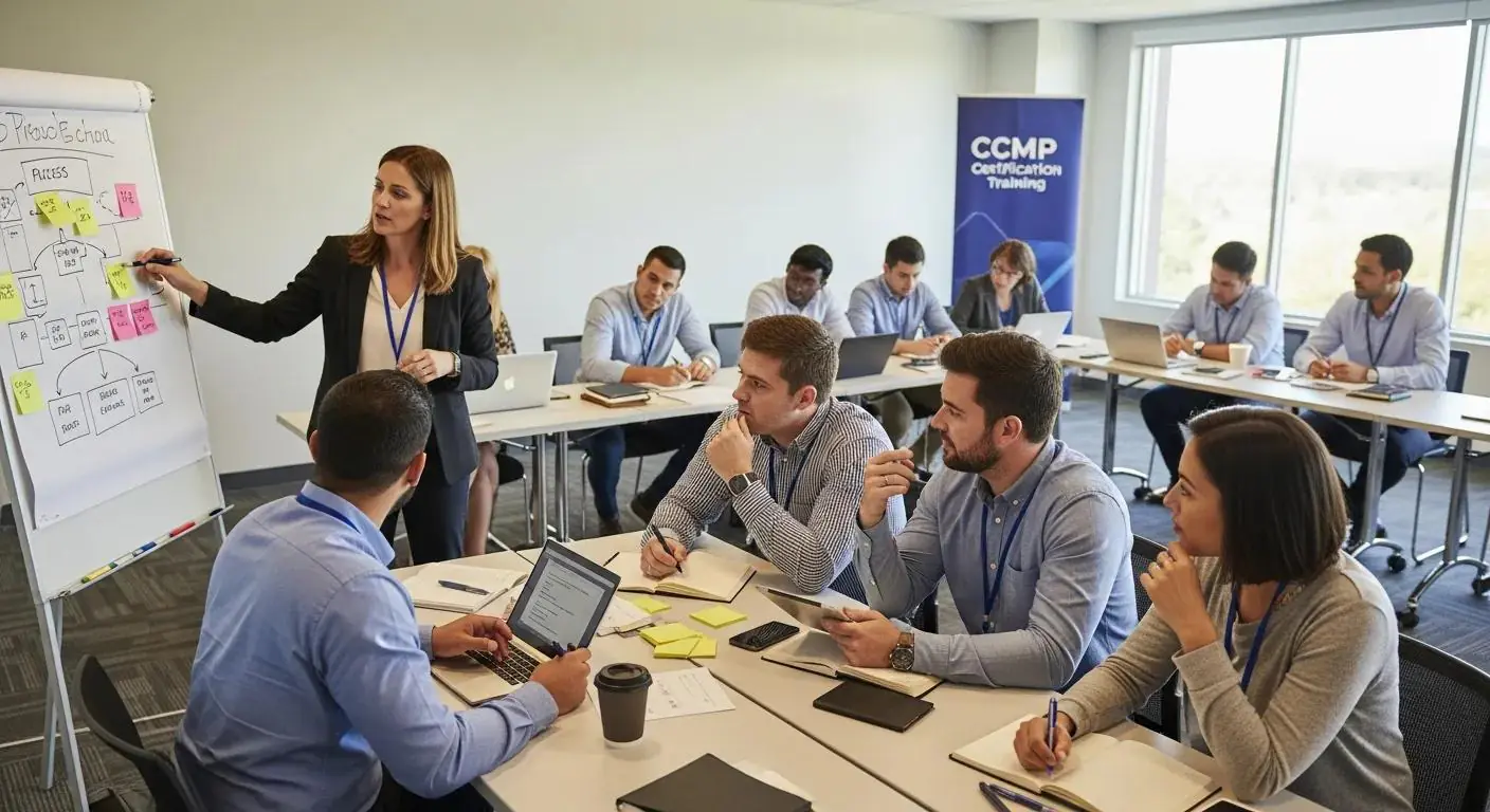 Group of professionals engaged in CCMP certification training, discussing concepts and strategies at a workshop.