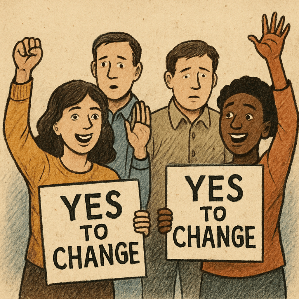 Group of diverse individuals holding signs that read "YES TO CHANGE," expressing enthusiasm for organizational transformation.