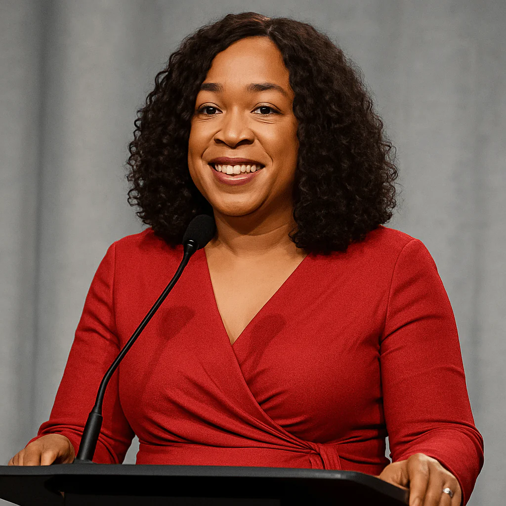 Smiling woman in a red dress speaking at a podium, illustrating the theme of embracing opportunities for change.