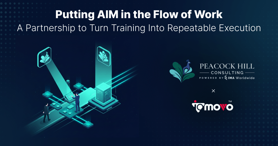 Graphic illustrating the partnership between Peacock Hill Consulting and ioMoVo, emphasizing AIM in change management workflow.