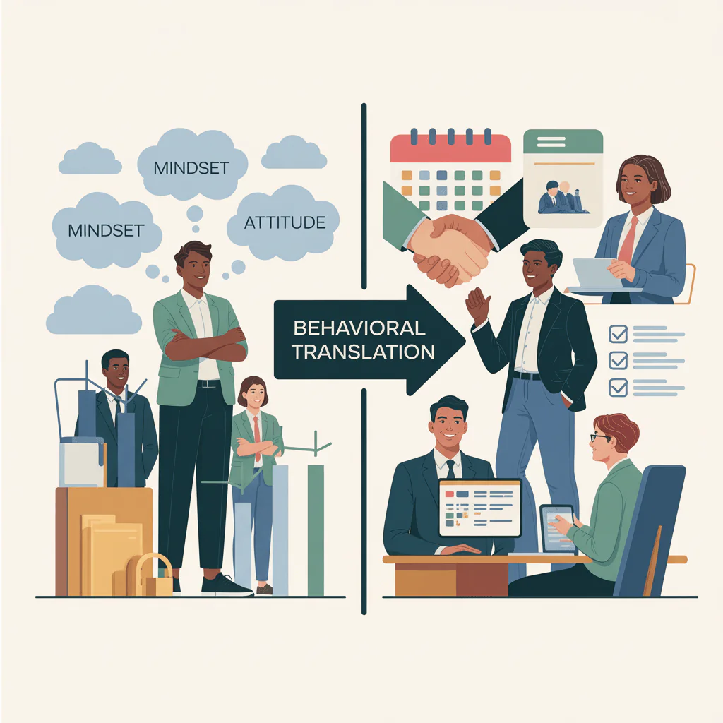 Illustration depicting the concept of behavioral translation in organizational change, featuring diverse professionals collaborating.