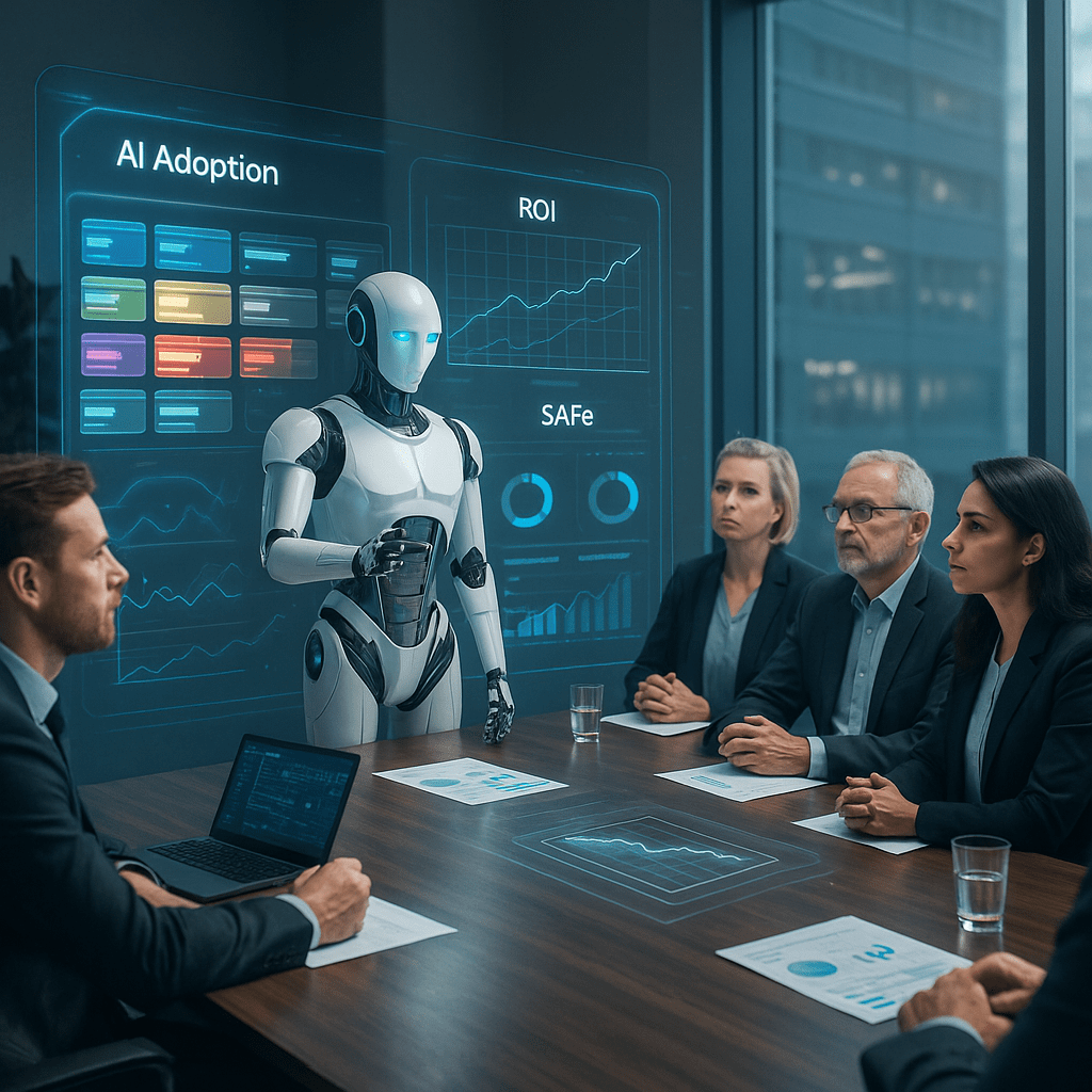 Business meeting with robot presenting AI adoption and ROI insights to a team of professionals.