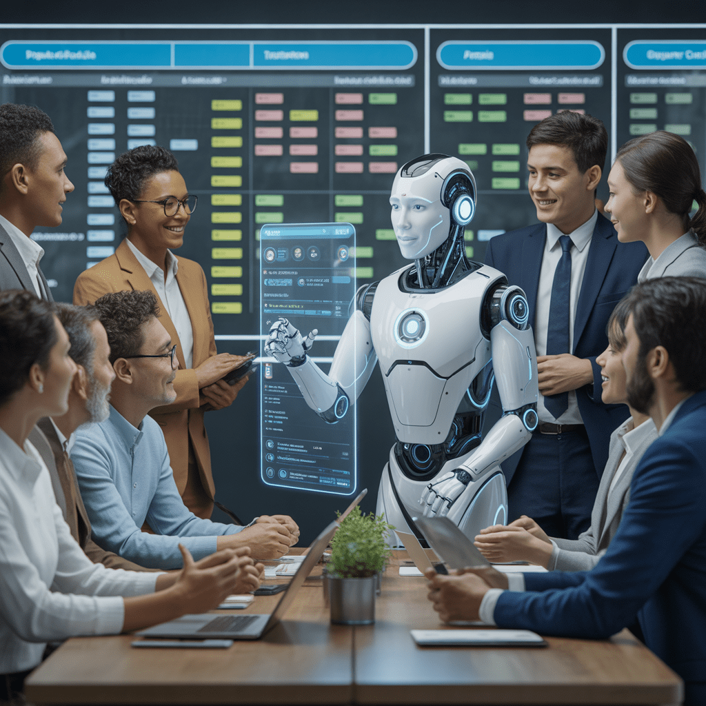 Team collaborating with a humanoid robot during a digital transformation meeting, analyzing data insights.