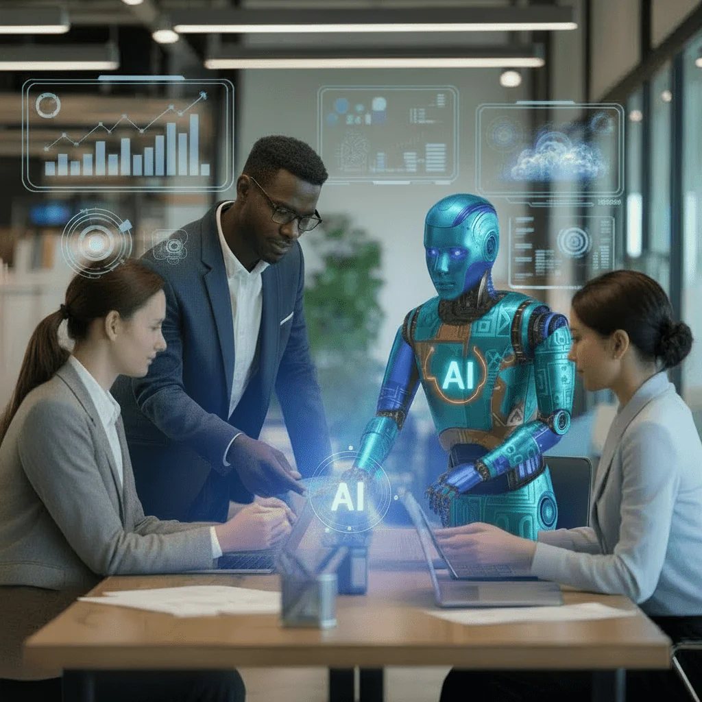 Business team collaborating with AI robot, analyzing data and discussing AI strategies in a modern office setting.