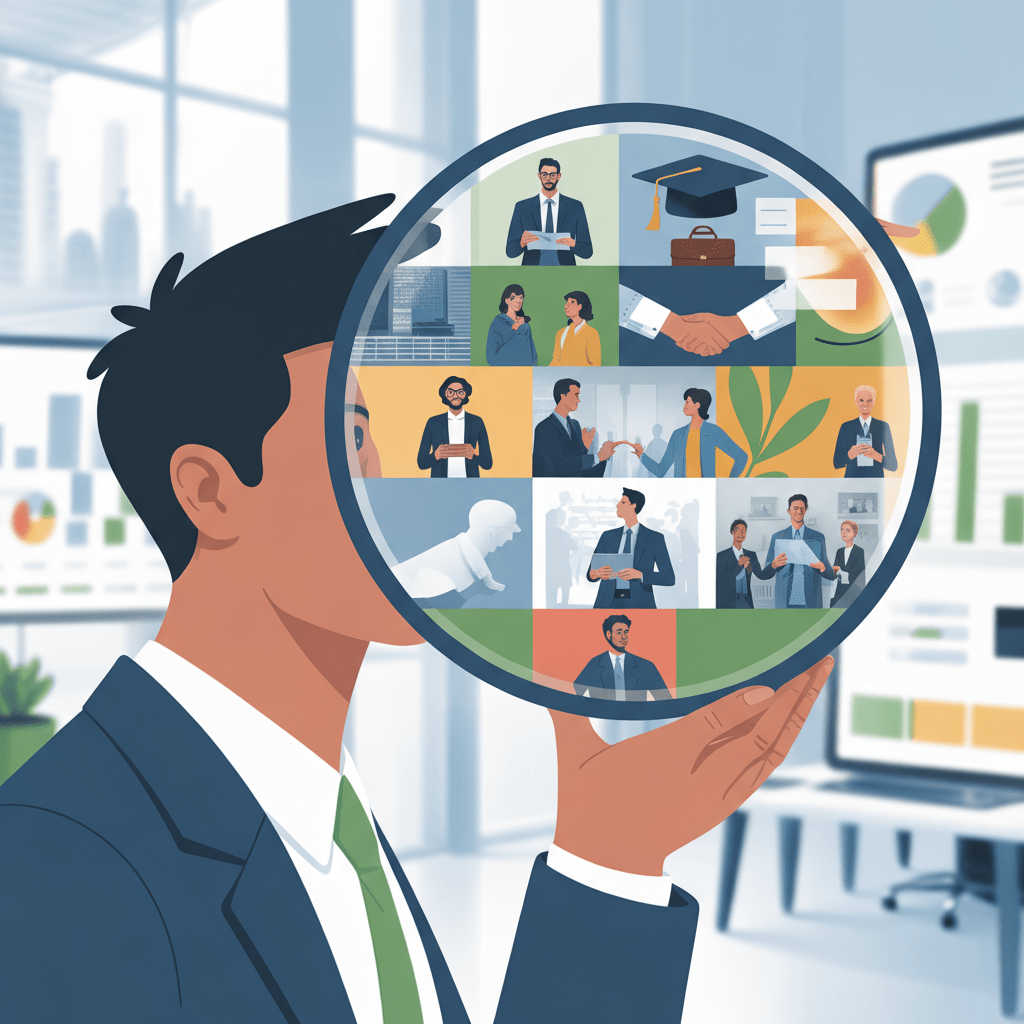 Business professional holding a magnifying glass displaying various collaborative and innovative workplace scenarios, representing change management.