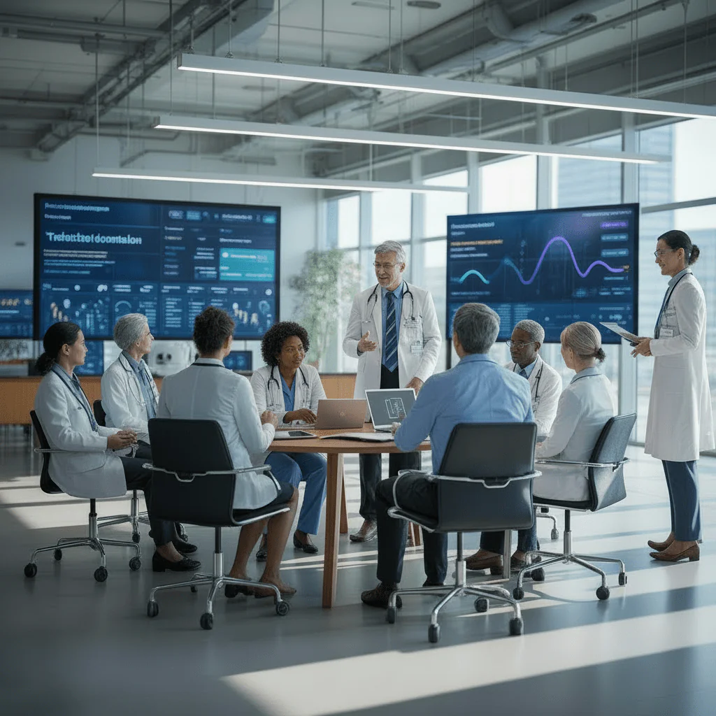 Doctors discussing healthcare strategies around a conference table with digital displays in a modern meeting room.