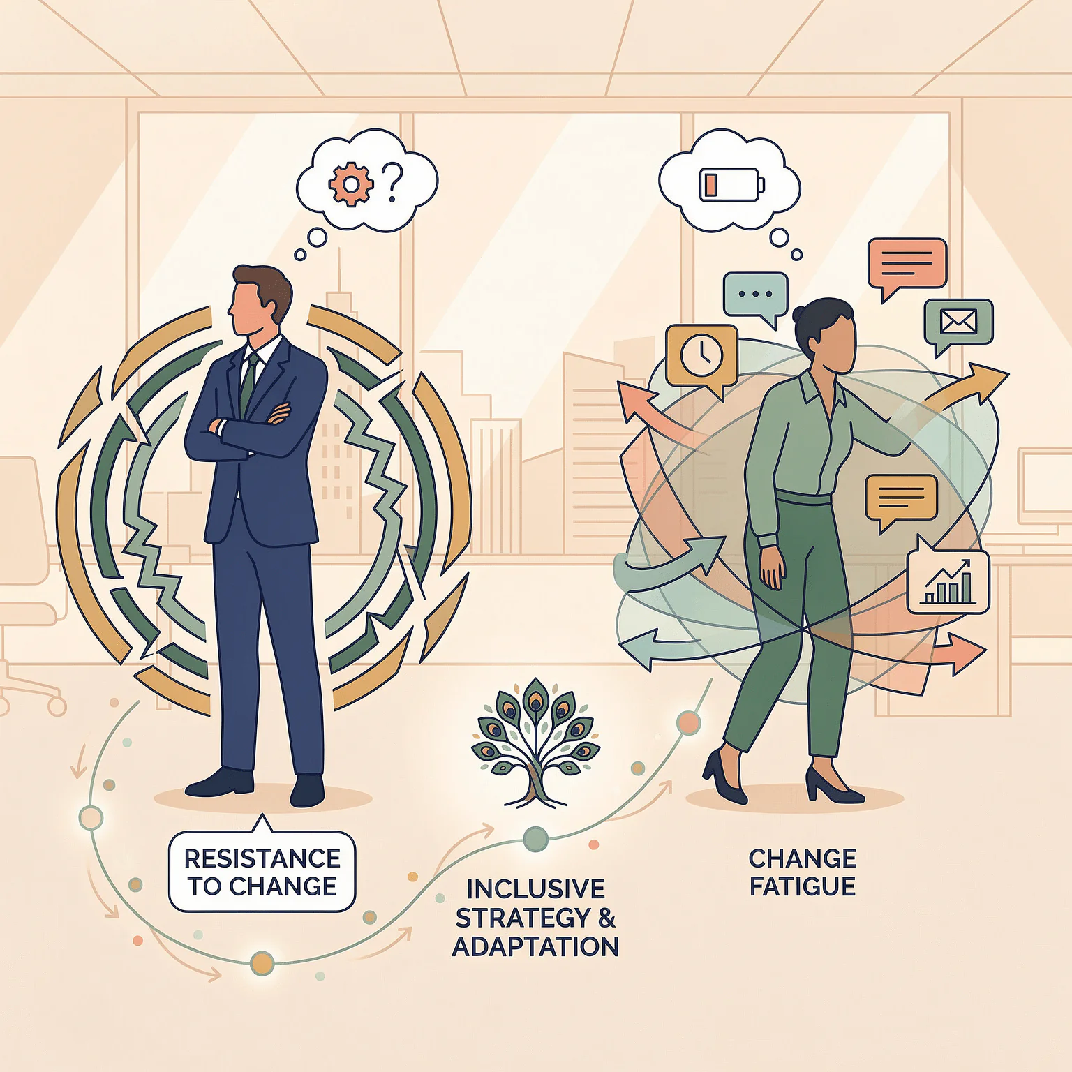 Business professionals representing resistance to change and change fatigue, illustrating organizational adaptation challenges.