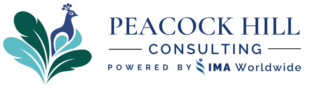 Peacock Hill Consulting logo featuring a peacock and stylized leaves, representing change management and organizational growth.