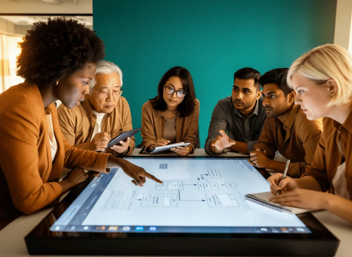 Diverse team collaborating around digital display, analyzing change management strategies and workflows.