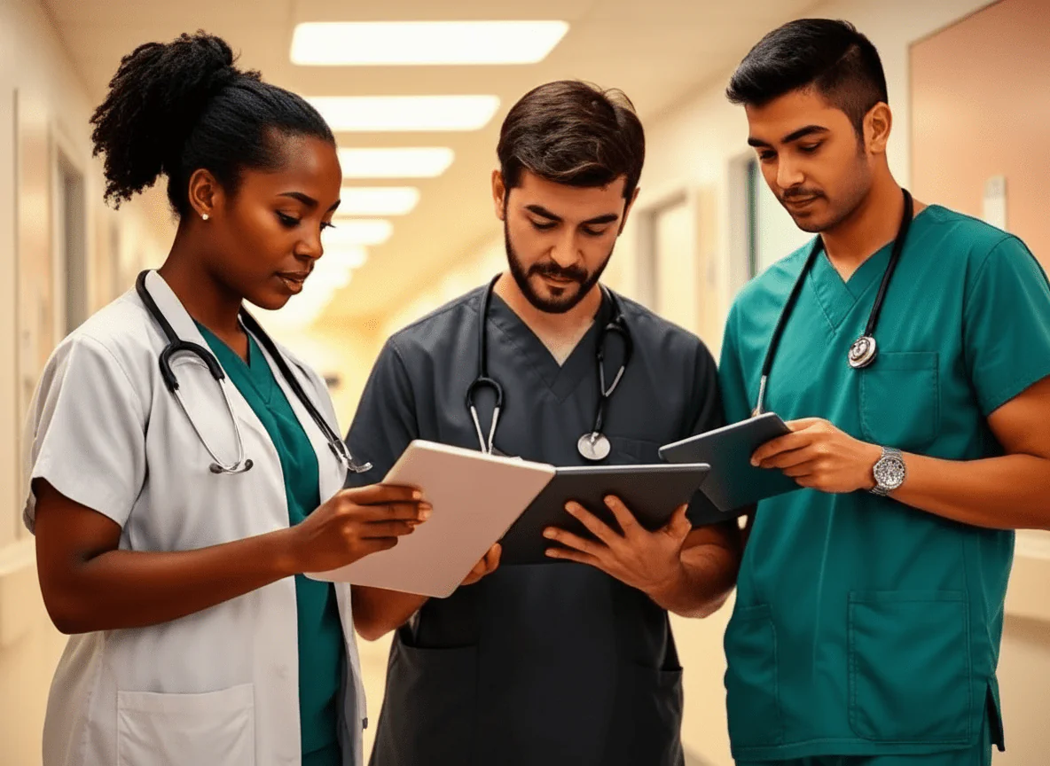 Healthcare professionals discussing clinical workflows with tablets in a hospital corridor.