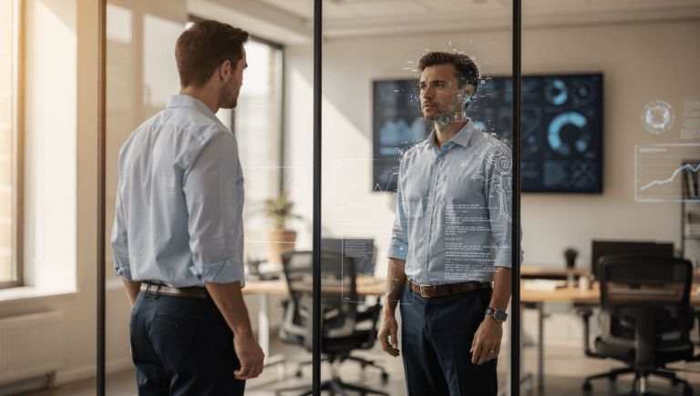 Man looking into a reflective surface displaying digital data and analytics in a modern office setting.