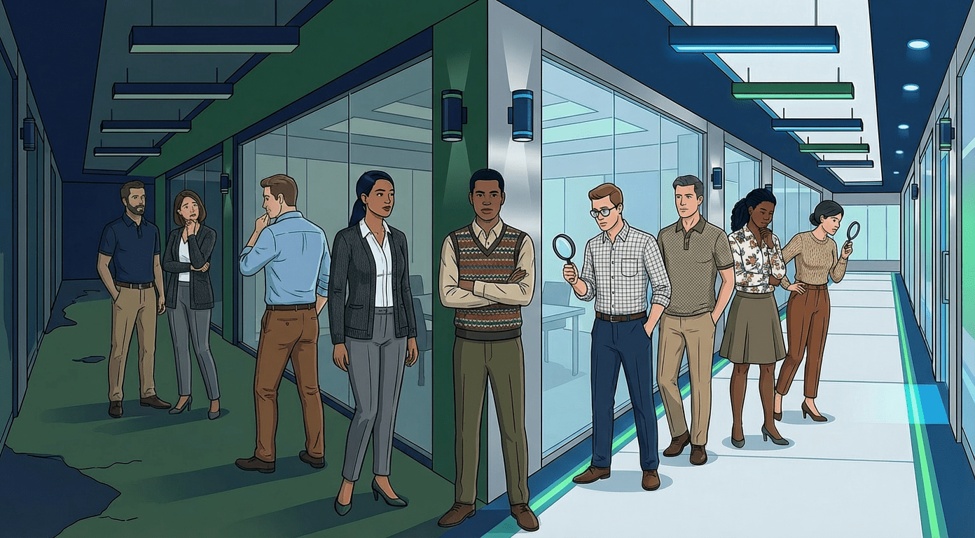 Group of diverse professionals discussing change management strategies in a modern office corridor.