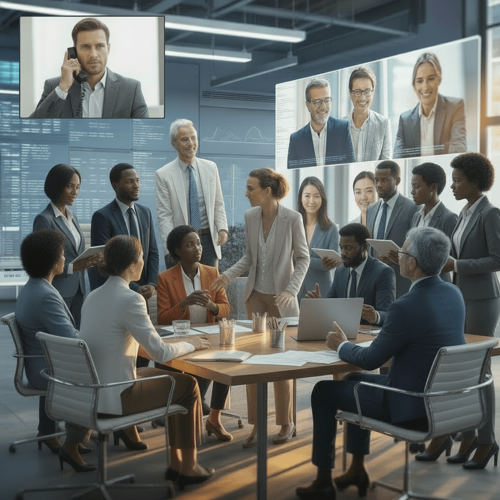 Team collaborating in a modern conference room, discussing ERP implementation strategies with virtual participants.