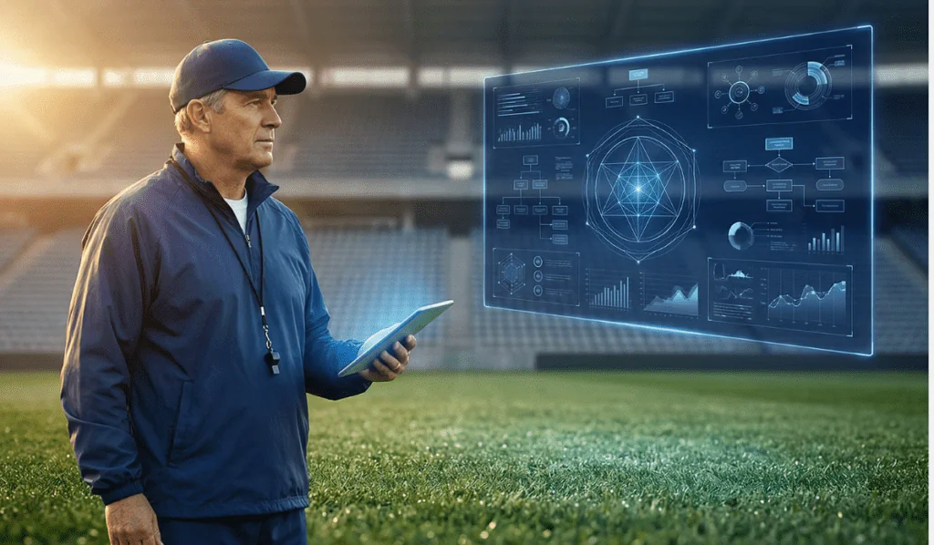 Coach analyzing performance metrics on a tablet in a football stadium, highlighting data-driven strategy in sports.