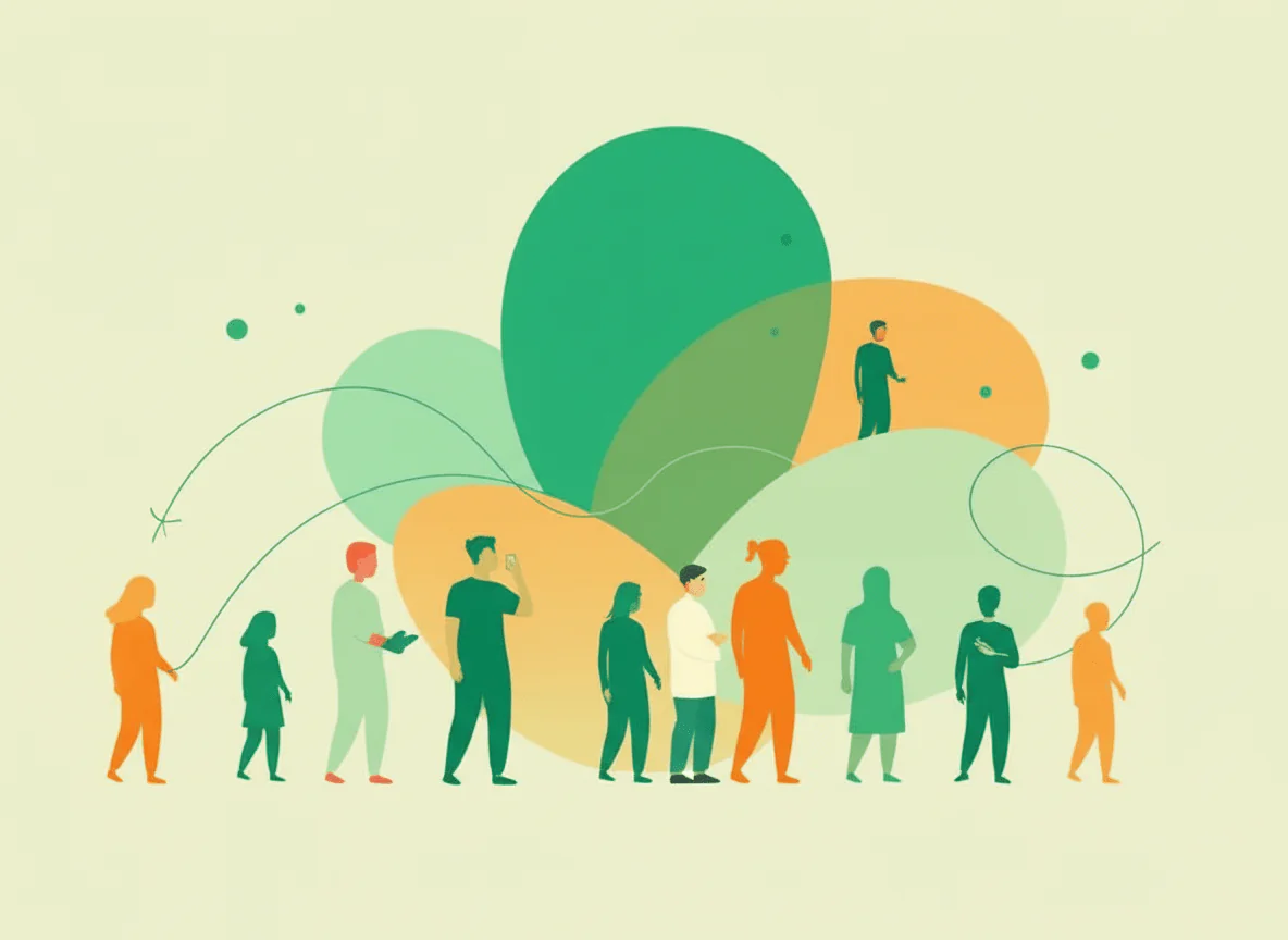 Diverse group of people representing teamwork and collaboration in a colorful abstract setting, illustrating employee engagement.