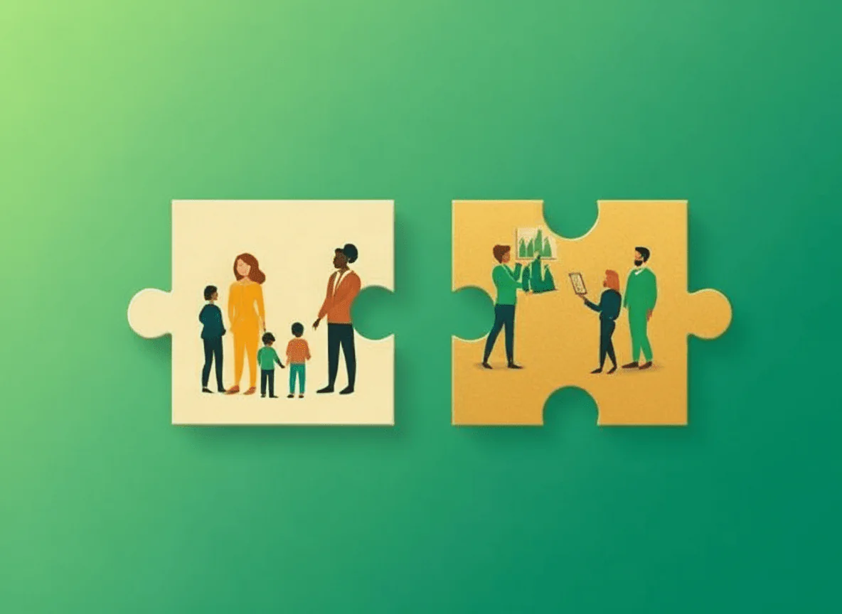 Puzzle pieces depicting family interaction and business discussion, symbolizing integration in change management.
