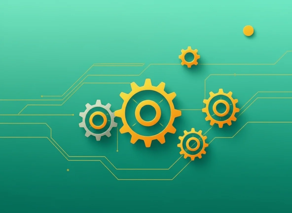 Gears in various sizes and colors on a teal background, symbolizing change management and organizational transformation.