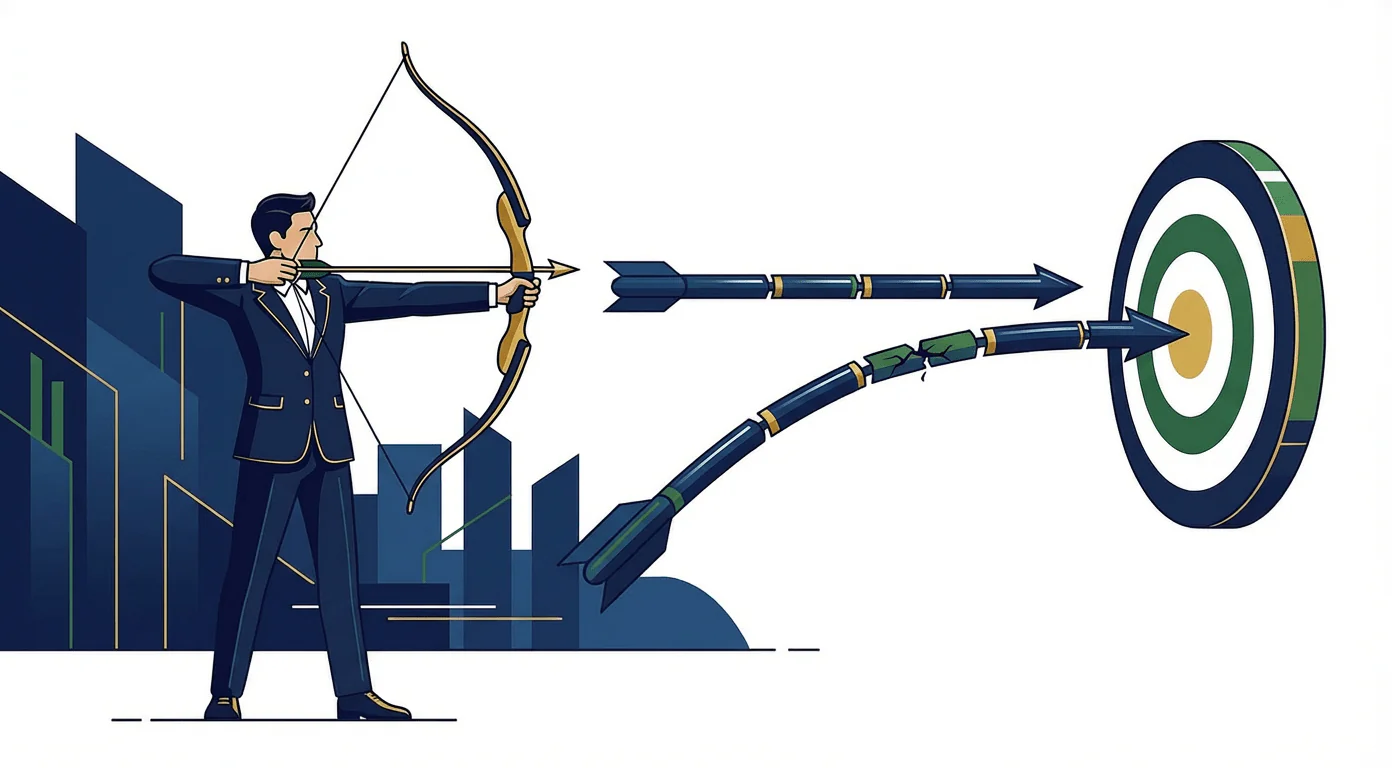 Businessman aiming an arrow at a target, illustrating focus on goal achievement and effective change management strategies.