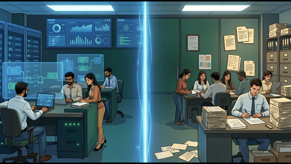 Split office scene showing a technical team using digital tools on one side and a traditional paperwork-heavy environment on the other, illustrating change management.