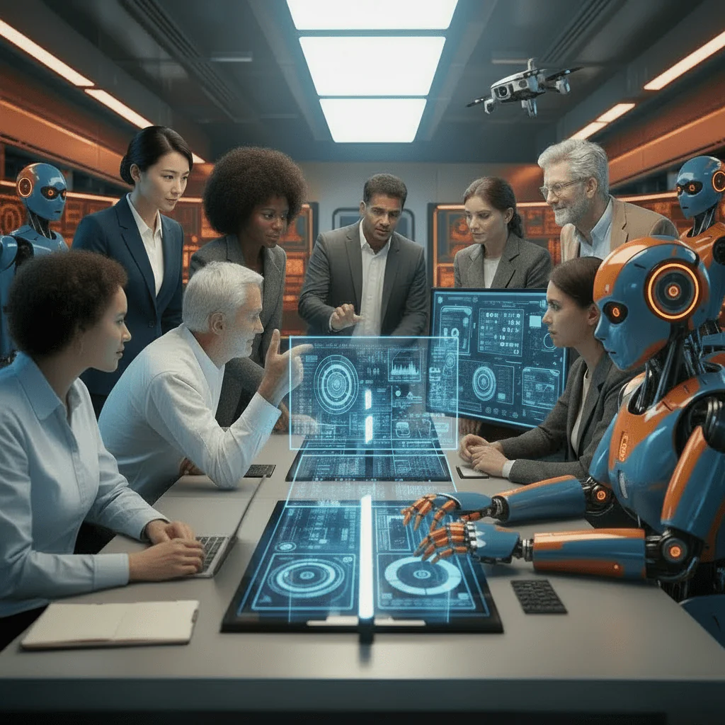 Team discussing AI oversight strategies with digital interfaces and robots in a modern meeting room.