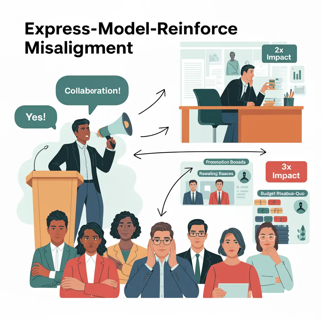 Illustration depicting express-model-reinforce misalignment in organizational change, featuring diverse professionals and impact metrics.